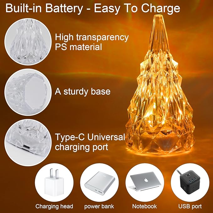 Iceberg Shape Crystal Lamp Table Night Light, Amber Yellow White 3 Colors Touch Control USB Rechargeable Small Bedside Lights Lovely Gifts for Home Bedroom Decor