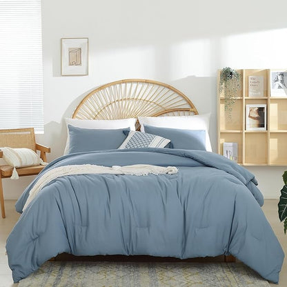 Dusty Blue Comforter Queen Size 3PCS Bed Comforter with 2 Pillowcases - Ligtweight Soft Solid Blue All Season Queen Comforter Bed Set - Boho Aesthetic Bedding Set for Men and Women