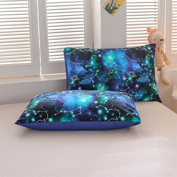 Holawakaka Tie Dye Constellation Print Ombre Comforter Set Queen Size Girls Boys Gradient Galaxy Bedding Set (Black Green,Queen)
