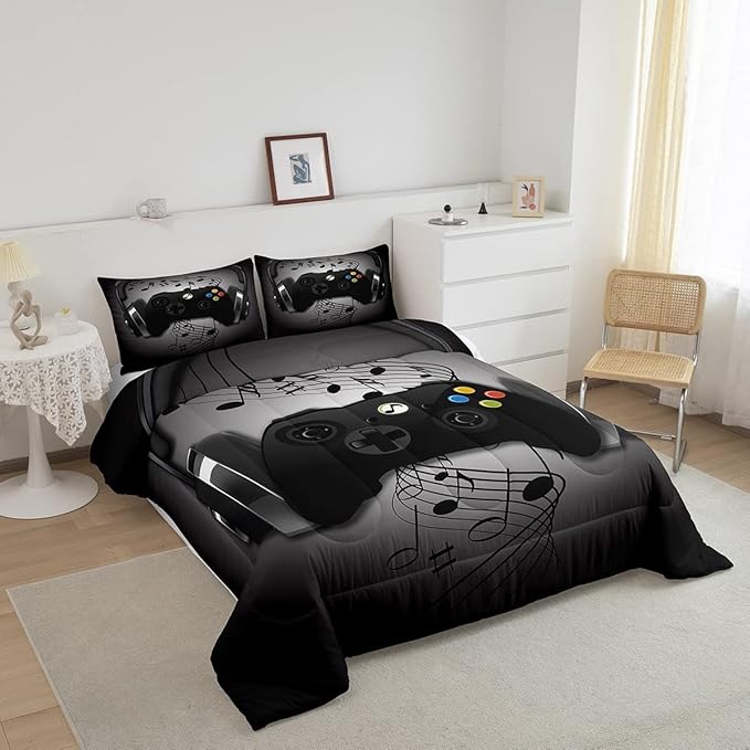Gamer Comforter Set King Size,Black Grey Headphones Musical Design Games Gamepad Bedding Set for Kids Boys Video Game Room Decor Retro Playing Gamer Down Comforter Gaming Controller Quilted Duvet Set