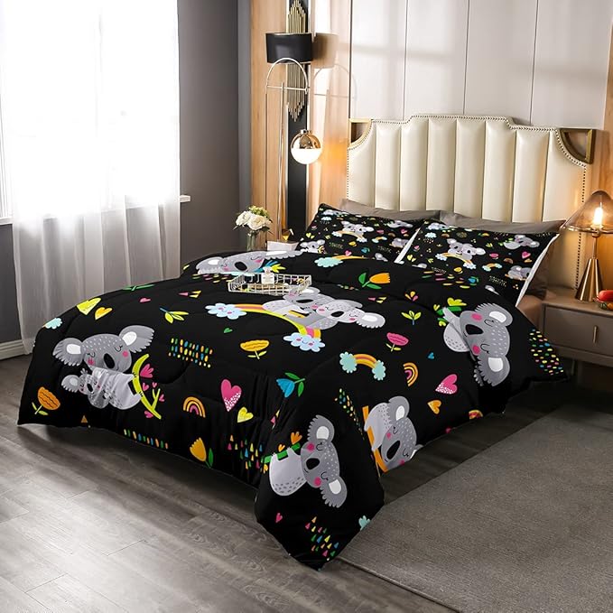 Erosebridal Koala Comforter Set, Kids Rainbow Bedding Set Full Size Flower Love Heart Duvet Sets for Girls Boys Children Cute Animal Cartoon Down Comforter 3 Pieces with 2 Pillow Cases, Black