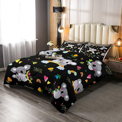 Erosebridal Koala Comforter Set, Kids Rainbow Bedding Set King Size Flower Love Heart Duvet Sets for Girls Boys Children Cute Animal Cartoon Down Comforter 3 Pieces with 2 Pillow Cases, Black