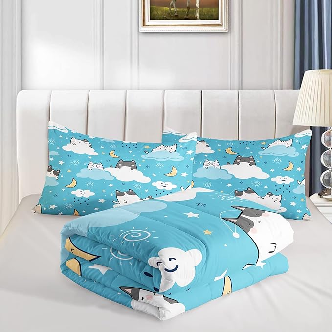 Cat Comforter Full Size,Blue Cloud Cats Comforter Set for Kids Teens Girls Boys,3Pcs Bedding Set Printed Comforter with 2 Pillowcases,Down Alternative,Soft and Lightweight，Full Size