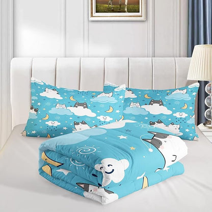 Cat Comforter Twin Size,Blue Cloud Cats Comforter Set for Kids Teens Girls Boys,3Pcs Bedding Set Printed Comforter with 2 Pillowcases,Down Alternative,Soft and Lightweight，Twin Size