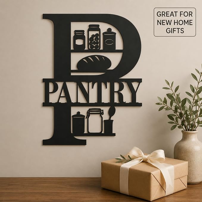 Pantry Metal Wall Decor, Farmhouse Kitchen Pantry Sign, 14 Inch | 14-inch matte black metal pantry sign with pre-drilled holes for farmhouse, rustic, modern, or industrial kitchen decor.