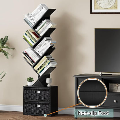 Vagusicc 6 Tier Tree Bookshelf, Modern Floor Standing Bookcase with Storage Drawer, Space Saving Storage Organizer Book Shelves for Books, Tall Wood Storage Rack for Bedroom/Living Room/Home Office