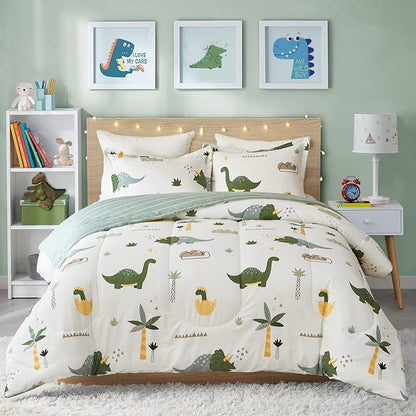 Joyreap Dinosaur Kids Cotton Comforter Set for Boys Girls, Twin Size 3pcs Cotton Bedding Comforter, Fresh Green Dinosaurs on White Design, Skin-friendly Breathable for All Season- 68x88 inches