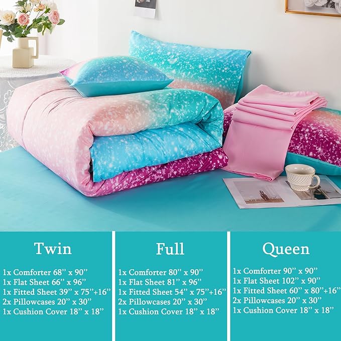URBONUR Girls Comforter Set Full Size Gradient Glitter Purple Orange Teal Sparkle Bedding Comforter with Sheets Set 6 Piece Bed-in-a-bag Light Weight All Season Easy Care Bed Set