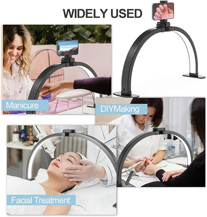 Foldable Half Moon Light for Nail Desk, 29 Inch Desk Lamp with Phone Holder for Video Creation, 3 Light Modes 3000-6500K Esthetician Lash Light for Eyelash, Nail, Video