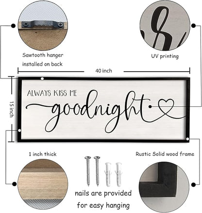 flowtorely Always Kiss Me Goodnight Wall Sign For Master Bedroom Above Bed Wall Decor 40''×15'' Large Rustic Solid Wood Frame For Farmhouse Couples Above bed Wall Art Decoration (Black)