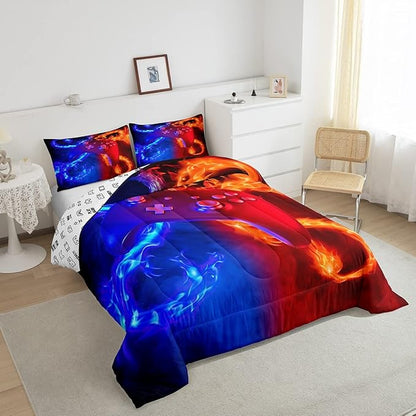 Ice Fire Dragon Comforter Set for Boys Teens Kids Gamer Games Room Decor Bedding Set Blue Red Gaming Gamepad Down Comforter ,Fairy Tale Animals Theme Room Decor 3Pcs Duvet Insert Queen Size,Soft