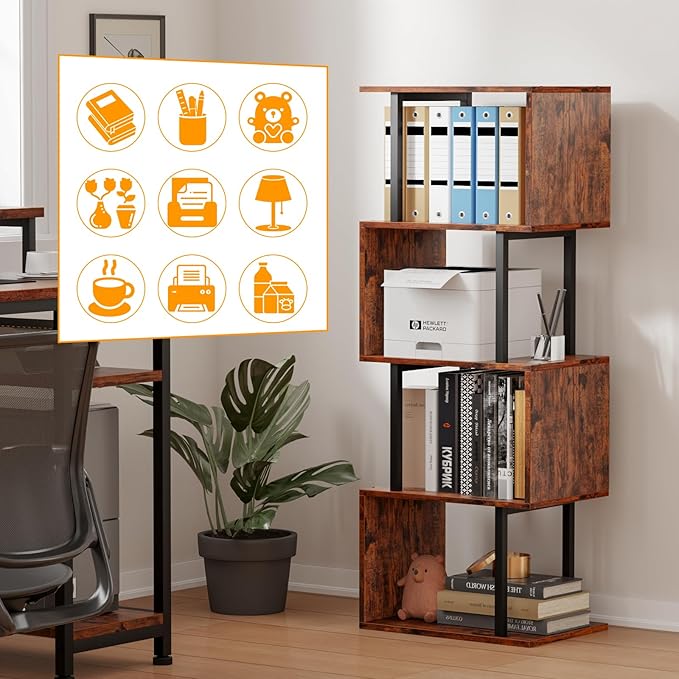 Furologee 5-Tier Bookshelf, S-Shaped Geometric Bookcase, Narrow Freestanding Display Shelves, Modern Wood Decorative Storage Shelving Rack for Bedroom, Living Room, Home Office, Rustic Brown