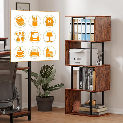 Furologee 5-Tier Bookshelf, S-Shaped Geometric Bookcase, Narrow Freestanding Display Shelves, Modern Wood Decorative Storage Shelving Rack for Bedroom, Living Room, Home Office, Rustic Brown