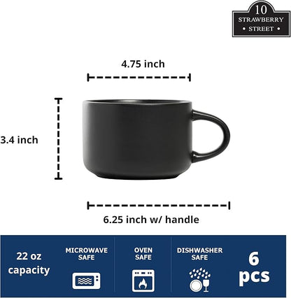 10 Strawberry Street Wazee Matte 4.75"/22 oz Oversized Mug, Set of 6, Black