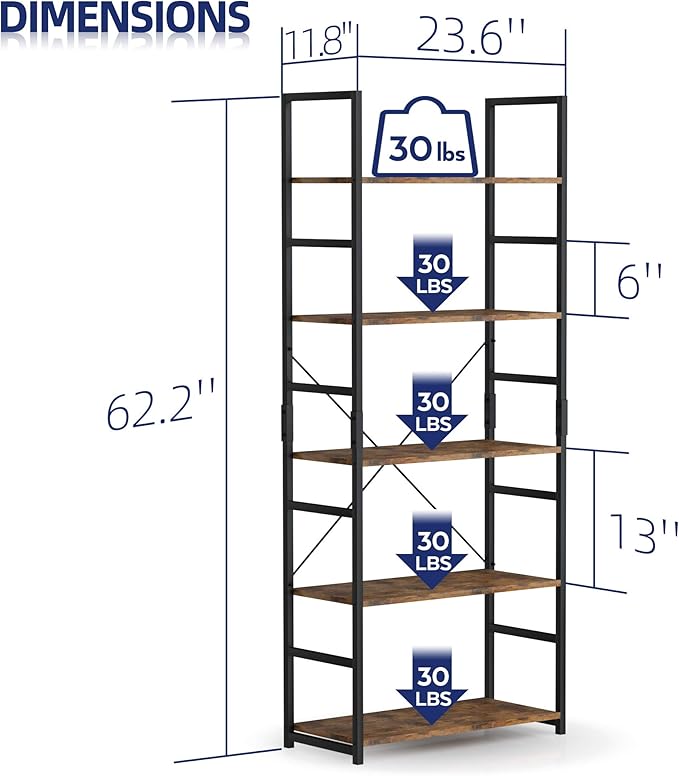 NUMENN 5 Tier Bookshelf, Tall Bookcase Shelf Storage Organizer, Modern Book shelf for Bedroom, Living Room and Home Office, Vintage