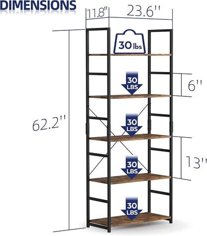 NUMENN 5 Tier Bookshelf, Tall Bookcase Shelf Storage Organizer, Modern Book shelf for Bedroom, Living Room and Home Office, Vintage