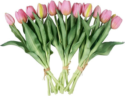 15pcs Artificial Tulips Flowers, Fake Tulips Real Touch, Faux Latex Bouquets, for Party Wedding Home Room Decoration (Pink)