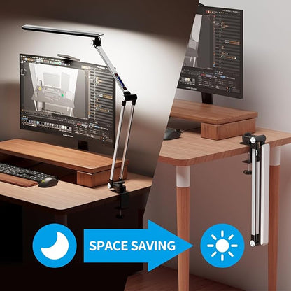 LED Desk Lamp,Swing arm with clamp11W,10 Color Modes Touch Control,Table Lamps with 10 Levels Brightness,Reading Desk Lamps 360 Degree Spin with USB Adapter & Memory Function Silver