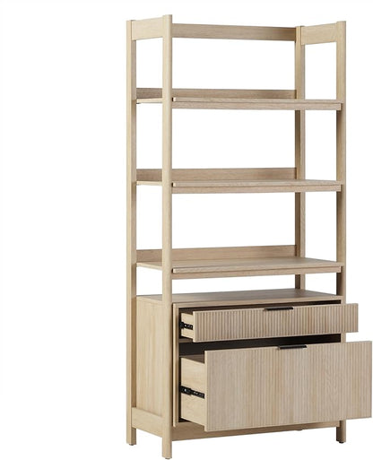 Walker Edison Modern Reeded 4-Shelf Bookshelf Bottom, 33 Inch, Two-Drawer Coastal Oak