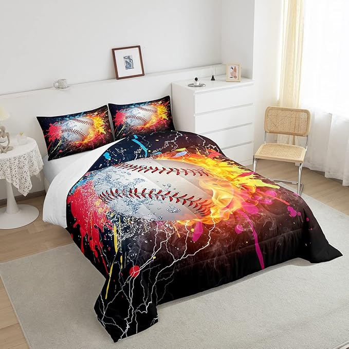 Baseball King Comforter Set For Boys,Tie Dye Baseball Sports Bedding Set Red Blue Fire Water Lightning Duvet Insert For All Season,Sports Baseball Quilt Soft Lightweight Bedroom Decor 2 Pillow Cases
