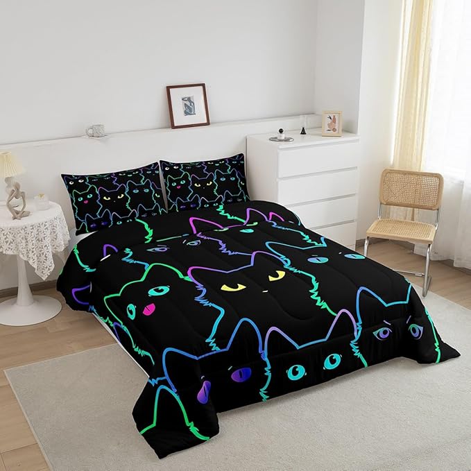 Erosebridal Cute Cat Kids Comforter Neon Rainbow Line Cat King Bedding Set for Boys Girls Teen Cartoon Kawaii Cats Toddler Bed Set Colorful Animals Quilt Set Reversible Black,2 Pillow Cases