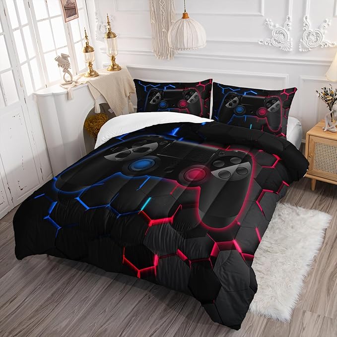 Axolotl Gamer Comforter Sets Queen,Geometric Honeycomb Gaming Bedding Sets,Video Games Comforter,Gaming Bedding Set,Game Console Comforter Set for Kids Boys Girls Teens,1 Quilt 2 Pillowcases,Blue Red