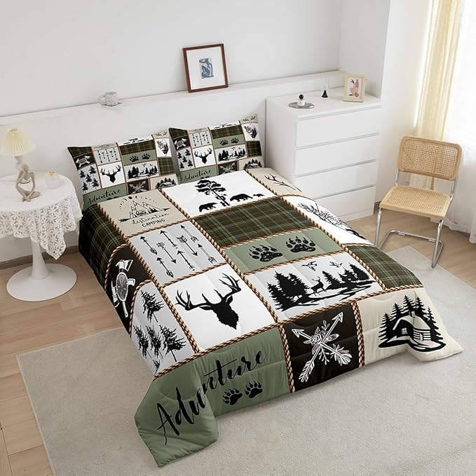 Rustic Farmhouse Kids Comforter Set Full Size,Deer Antlers Bear Paws Plaids Patchwork Bedding Set for Boys Girls Adults Room Decor,Pine Trees Arrows Down Comforter,Retro Duvet Insert,2 Pillowcases