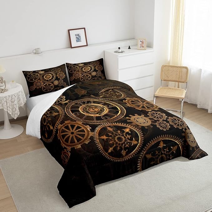 Golden Ndustrial Gear Comforter Set Twin Size Steampunk Style Bedding Set Clocks Theme Bedding Sets & Collections For Kids Boys Teens Men Mechanical Device Quilt Set,Retro Style Bedroom Decor