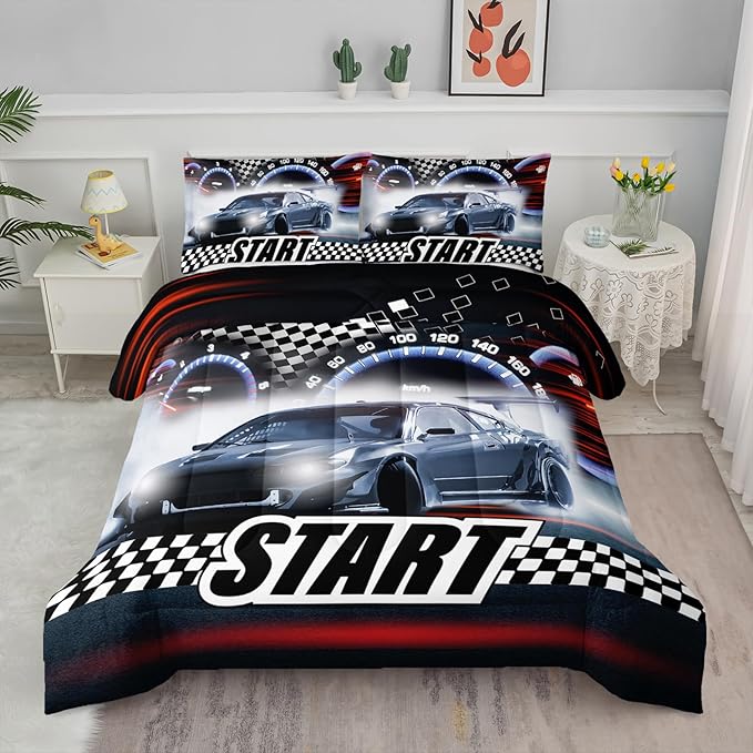 Axolotl Race Car Comforter Set Full Size,Extreme Sports Bedding Set for Boys Teens Kids Girls Room Decor,Cool Speed Luxury Car Quilt Bed Set with 1 Comforter 2 Pillowcases Car Racing Gifts