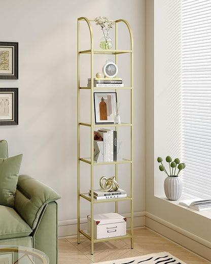 Bookcase Bookshelf, Tempered Glass Arched Bookshelf for More Storage, Slim Shelving Unit for Bedroom, Bathroom, Home Office, Steel Frame, 6 Tier Gold BC20699G