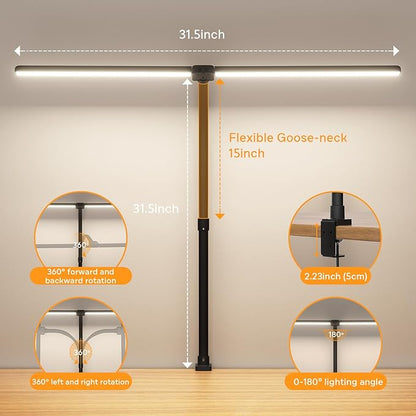 LED Desk Lamp for Home Office, Remote Control Computer Desk Light Bright Table Lamp for Study Dimmable Desk Lighting with Clamp Adjustable Gooseneck, Double Head, 24W, Black