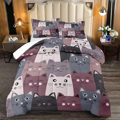 Cartoon Cat Bedding Set - 3Pcs Cute Cat Comforter Set for Bedroom Kids Boys Girls Cat Bedding Decor for All-Season Kawaii Kitten Pattern Lovely Animal 1 Cat Comforter with 2 Pillowcases, Queen Size