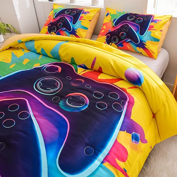 Aimuan Gaming Bedding Sets Gamer Room Decor 3D Gamepad Video Games Twin Size Comforter Sets for Boys Games Console Action Buttons Novelty Colorful Modern Home Quilt Set (Twin, Yellow)