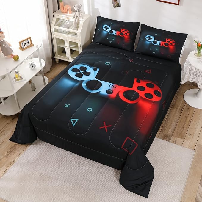 Boys Gamepad Comforter Set Full,Play Gamer Bedding Set Kid Young Man Video Games Down Comforter for Teen Child Game Room Decor Black Classic Retro Gaming Quilt Duvet Set with Controller Button