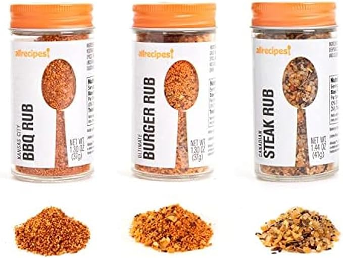 Allrecipes Essential BBQ Rubs (Canadian Steak, Kansas City BBQ, Ultimate Burger) in Glass Jars with Removable Sifter Caps for Sprinkling, Set of 3, Clear, 9.63 x 6.13 x 2-Inch