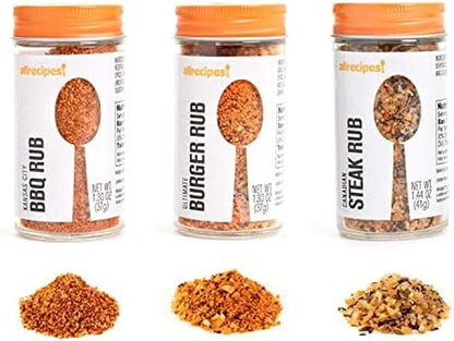 Allrecipes Essential BBQ Rubs (Canadian Steak, Kansas City BBQ, Ultimate Burger) in Glass Jars with Removable Sifter Caps for Sprinkling, Set of 3, Clear, 9.63 x 6.13 x 2-Inch