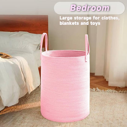 Large Woven Laundry Basket Hamper,80L Cotton Rope Storage Bin for Blankets,Toys and Clothes,Decorative Tall Nursery Hamper for Living Room,Baby Nursery,Bathroom and Bedroom,Pink