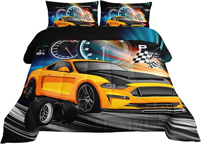 Axolotl Race Car Bedding Set Twin Size,Boys Extreme Sports Comforter Set for Kids Boys Car Racing Gifts,Yellow Cool Car Comforter Car Sports Quilt Set 1 Comforter with 2 Pillowcase Car Racing Gifts