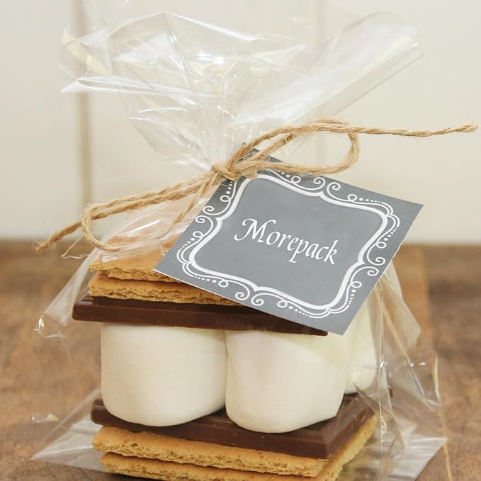 Morepack Gusseted Flat Bottom Cellophane Bags 4x2x8 In 50Pcs | Smore Bags with Paper Insert
