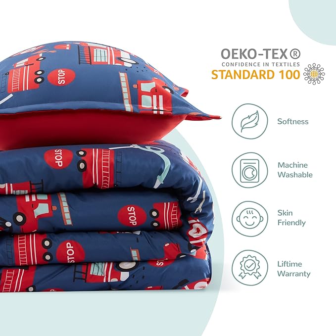 SLEEP ZONE Kids Bedding Twin Comforter Set - Super Soft & Cute Printed 2-Piece Comforter Set All Seasons for Boys, Girls, Fade Resistant, Machine Washable, Fire Truck