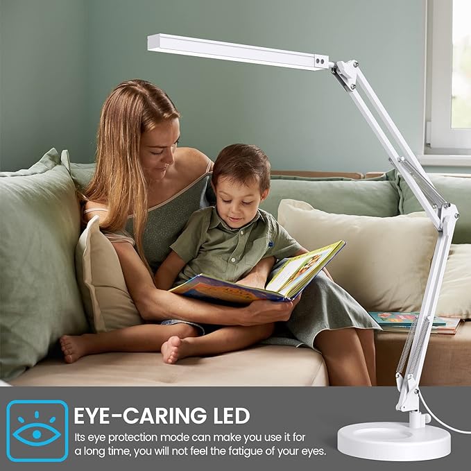 LED Desk Lamp with Clamp and Round Base,Eye Caring Table Lamp with Swing Arm,3 Color Modes 10 Brightness Levels,Memory Function,Desk Light for Home Office with USB Adapter White-14W