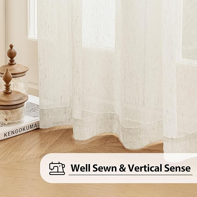FMFUNCTEX Linen Sheer Curtains for Living Room, Beige Curtains 90 inches Long for Bedroom, Natural Flax Blend Window Draperies for Farmhouse Curtain, Rod Pocket 2 Panels