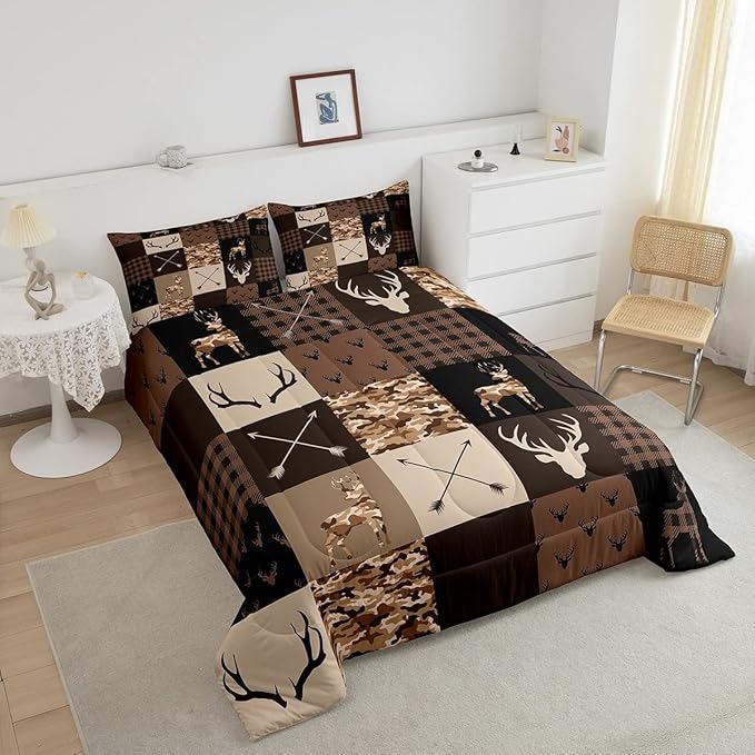 Camo Animal Kids Comforter Set Full Size,Deer Antlers Silhouette Bedding Set,Girls Boys Adults Bedroom/Xmas Decor,Checkered Geometric Down Comforter,Arrow Boho Retro Duvet Insert,3pcs,2 Pillowcases
