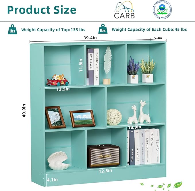LEYAOYAO 8 Cube Bookshelf with Base,3 Tier Modern Mint-Green Kids Bookcase,Standing Wide Bookshelves Storage Organizer Toy Shelf,Wood Display Children's Book Shelves for Bedroom,Living Room,Nursery