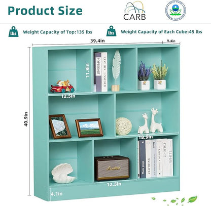 LEYAOYAO 8 Cube Bookshelf with Base,3 Tier Modern Mint-Green Kids Bookcase,Standing Wide Bookshelves Storage Organizer Toy Shelf,Wood Display Children's Book Shelves for Bedroom,Living Room,Nursery