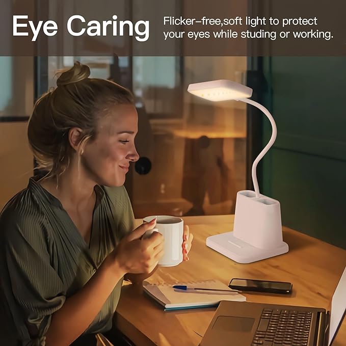 Desk Lamps for Home Office,3 Lighting Modes, Adjustable Brightness, Adjustable Gooseneck Reading Lamp,Rechargeable,Battery Operated Children's Eye Protection Learning Lamp with Pen Holder