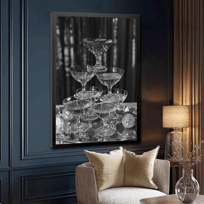 UXCBIA Stacked Champagne Glasses With Mirror Balls, Black And White, Wine Glasses Poster Canvas Poster Bedroom Decor Sports Landscape Office Room Decor Gift Black Frame 16x24in(40x60cm)