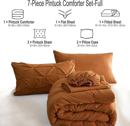 Ubauba 7pc Burnt Orange Comforter Set Full Size, 7 Pieces Pintuck Bed in a Bag Rust Bed Set with Comforter and Sheets, Bedding Comforters & Sets (Rustic, Full)