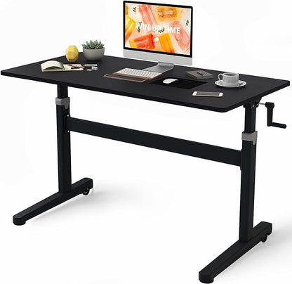 Manual Standing Desk Adjustable Height- Crank Mobile Standing Desk 48 x 24 Inches Sit Stand Desk Frame & Top, Stand Up Desk on Wheels, Computer Desk Black Frame & Black