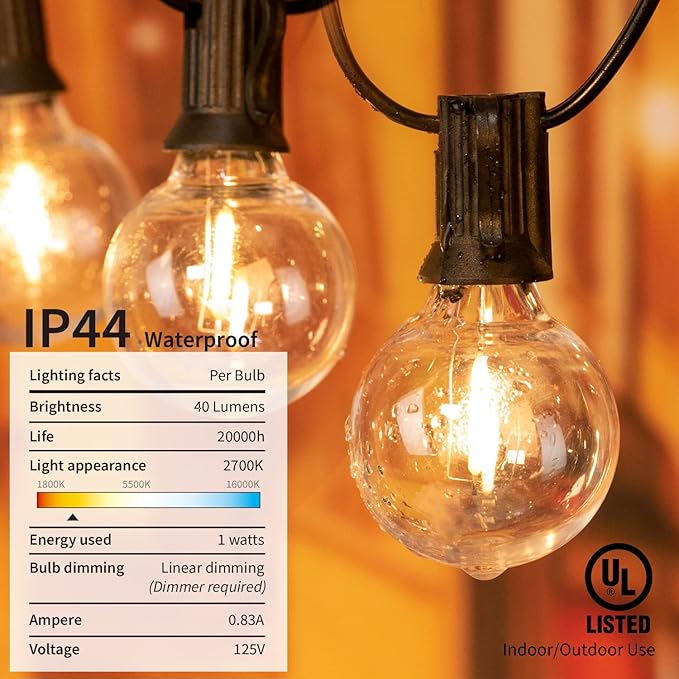 LED G40 Outdoor String Lights Patio Lights 100FT with 104 LED Shatterproof Bulbs, Weatherproof Commercial Hanging Lights for Backyard Bistro Pergola Party Decor, E12 Socket Base, 2200K, Black
